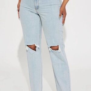 Fashion Nova Blue Straight Leg Denim with Vintage Distress